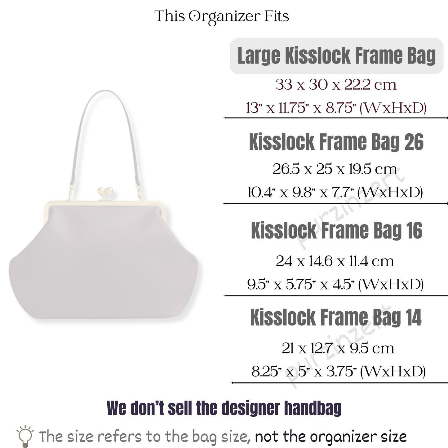 Bag Insert for (Coach, Large Kisslock Frame Bag) Organizer of Felt Fabric