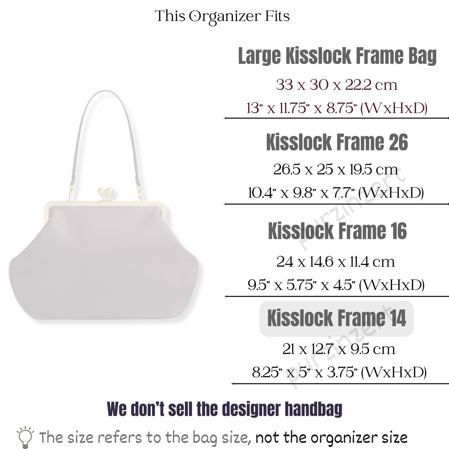 Bag Insert for (Coach, Kisslock Frame Bag 14) Organizer of Felt Fabric