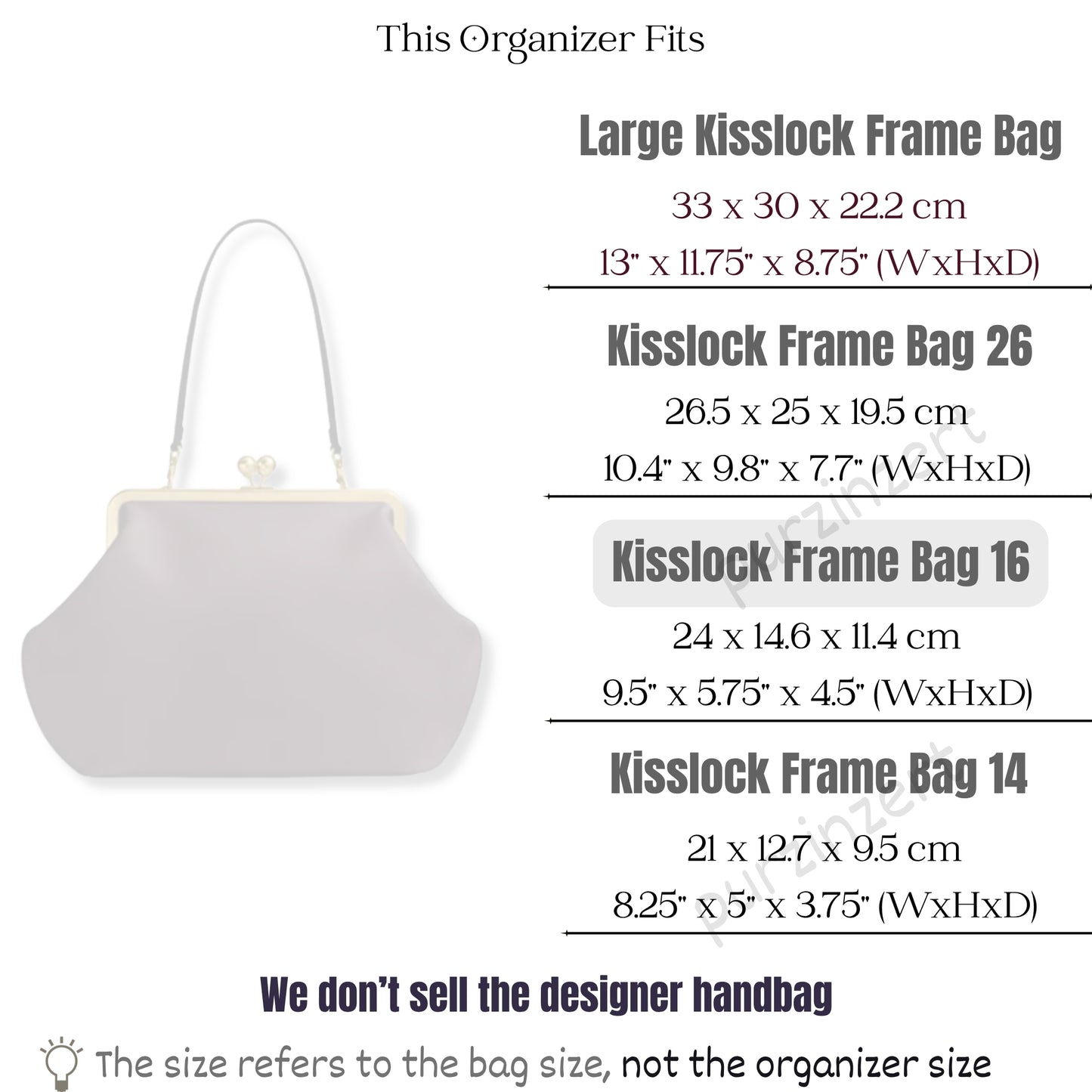 Bag Insert for (Coach, Kisslock Frame Bag 16) Organizer of Felt Fabric