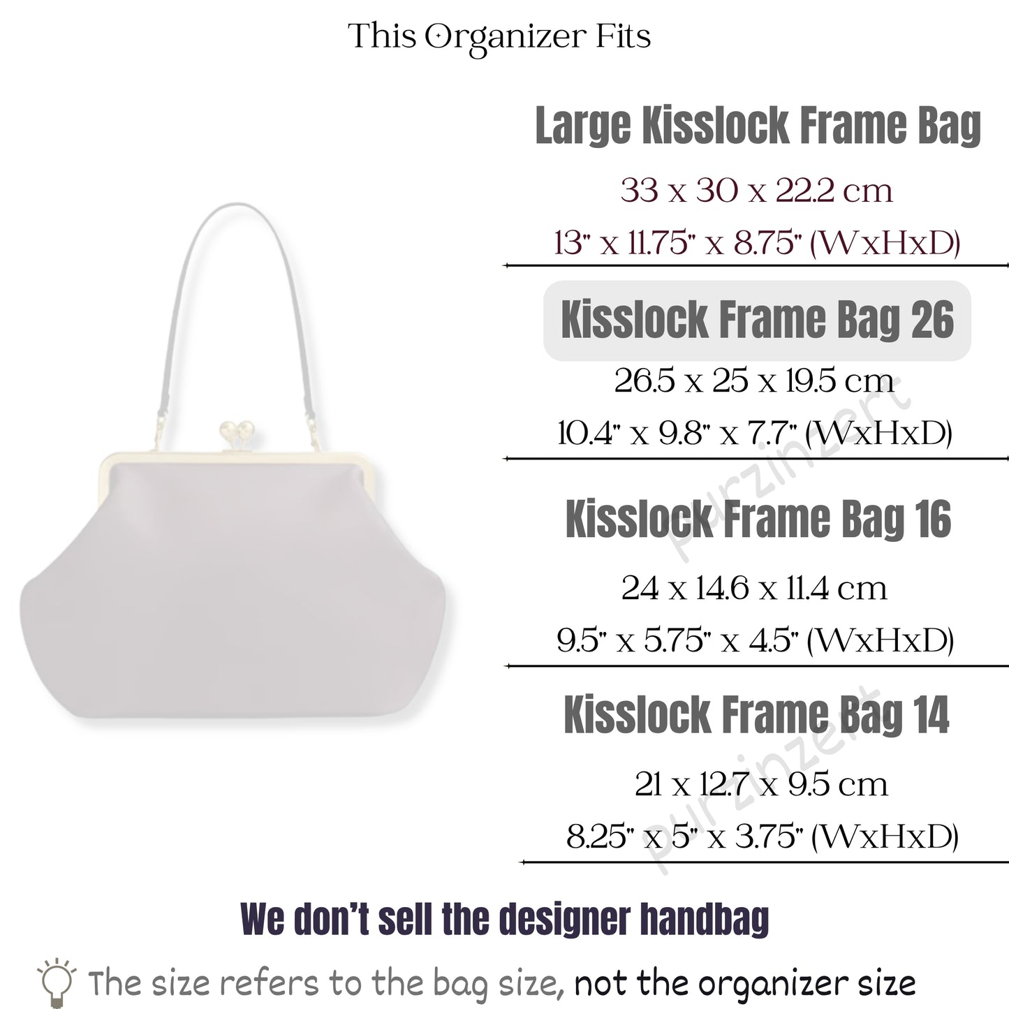 Bag Insert for (Coach, Kisslock Frame Bag 26) Organizer of Felt Fabric