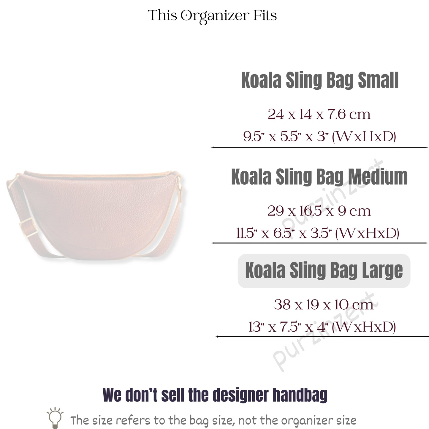 Bag Insert for (Portland Leather Goods, Koala Sling Bag Large) Organizer of Felt Fabric