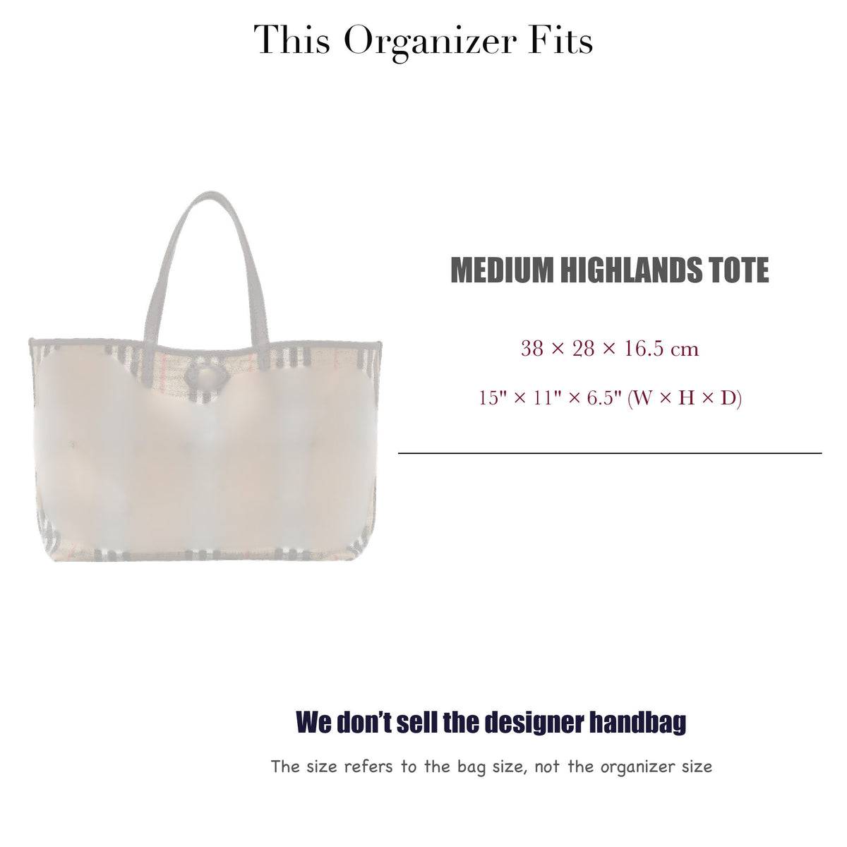 Bag Insert for (Burberry, Medium Highlands Tote) Organizer of Nylon Fabric