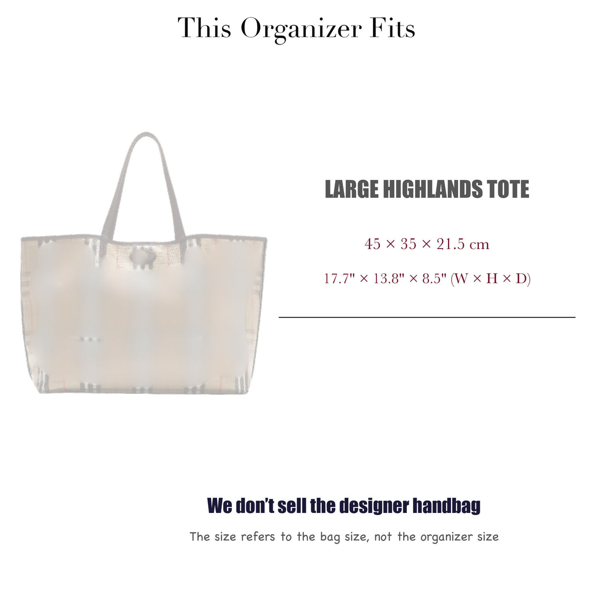 Bag Insert for (Burberry, Large Highlands Tote) Organizer of Silk Fabric