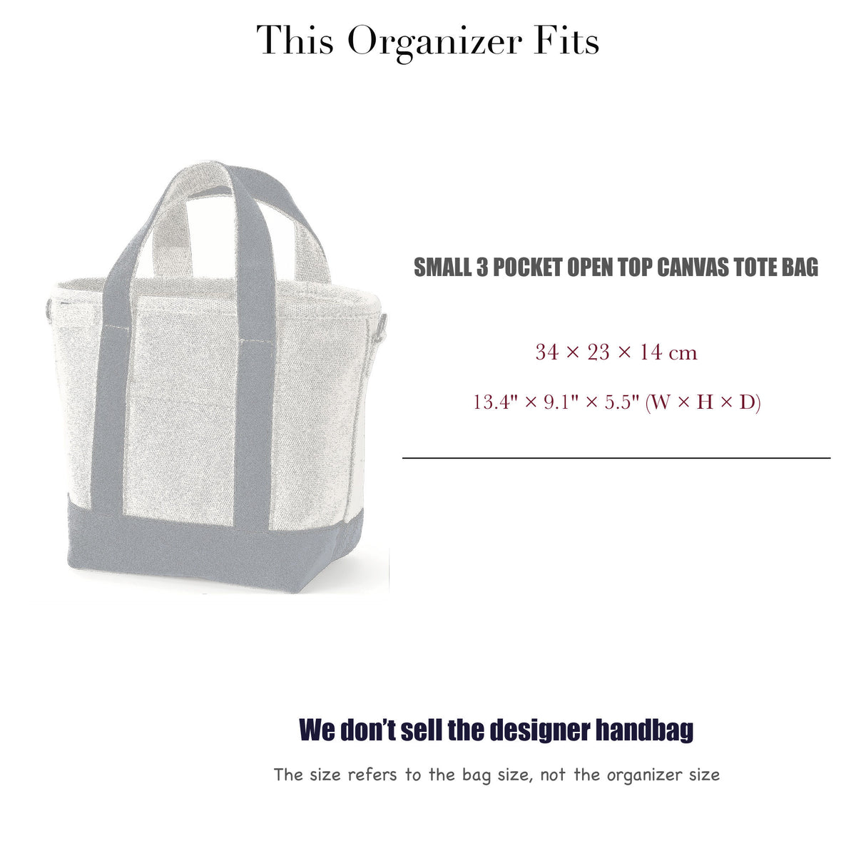 Bag Insert for (Lands End, Small 3 Pocket Open Top Canvas Tote Bag) Organizer of Nylon Fabric