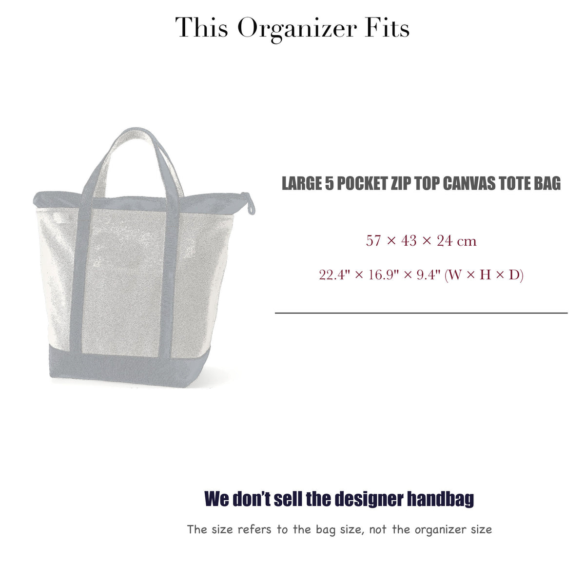 Bag Insert for (Lands End, Large 5 Pocket Zip Top Canvas Tote Bag) Organizer of Nylon Fabric