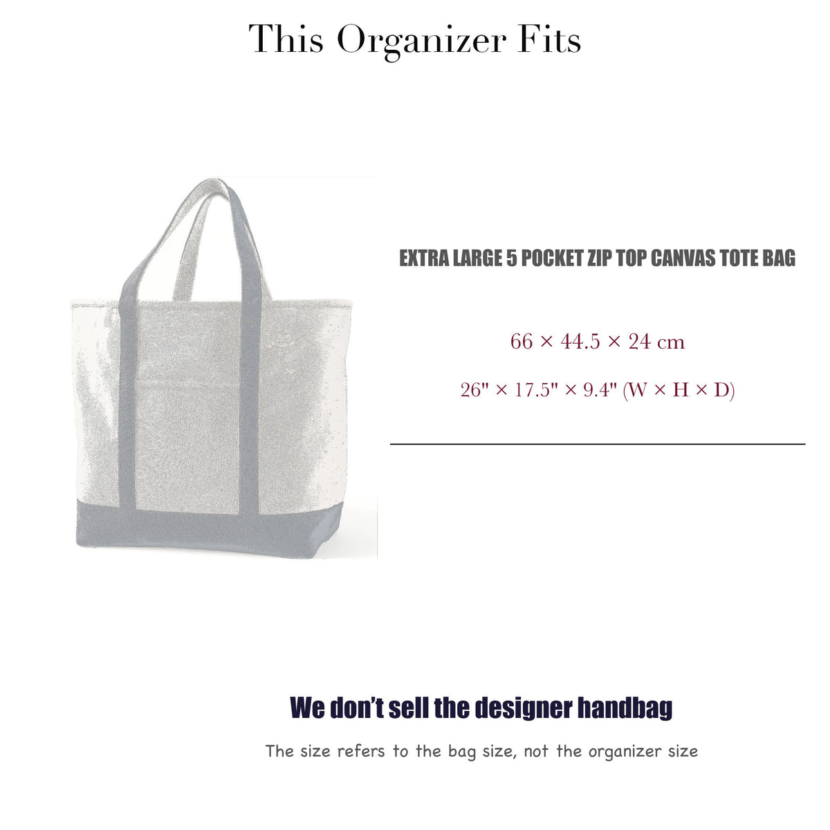 Bag Insert for (Lands End, Extra Large 5 Pocket Zip Top Canvas Tote Bag) Organizer of Felt Fabric