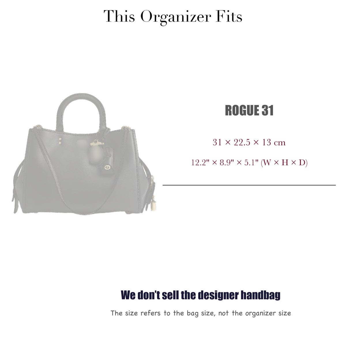 Bag Insert for (Coach, Rogue 31) Organizer of Silk Fabric