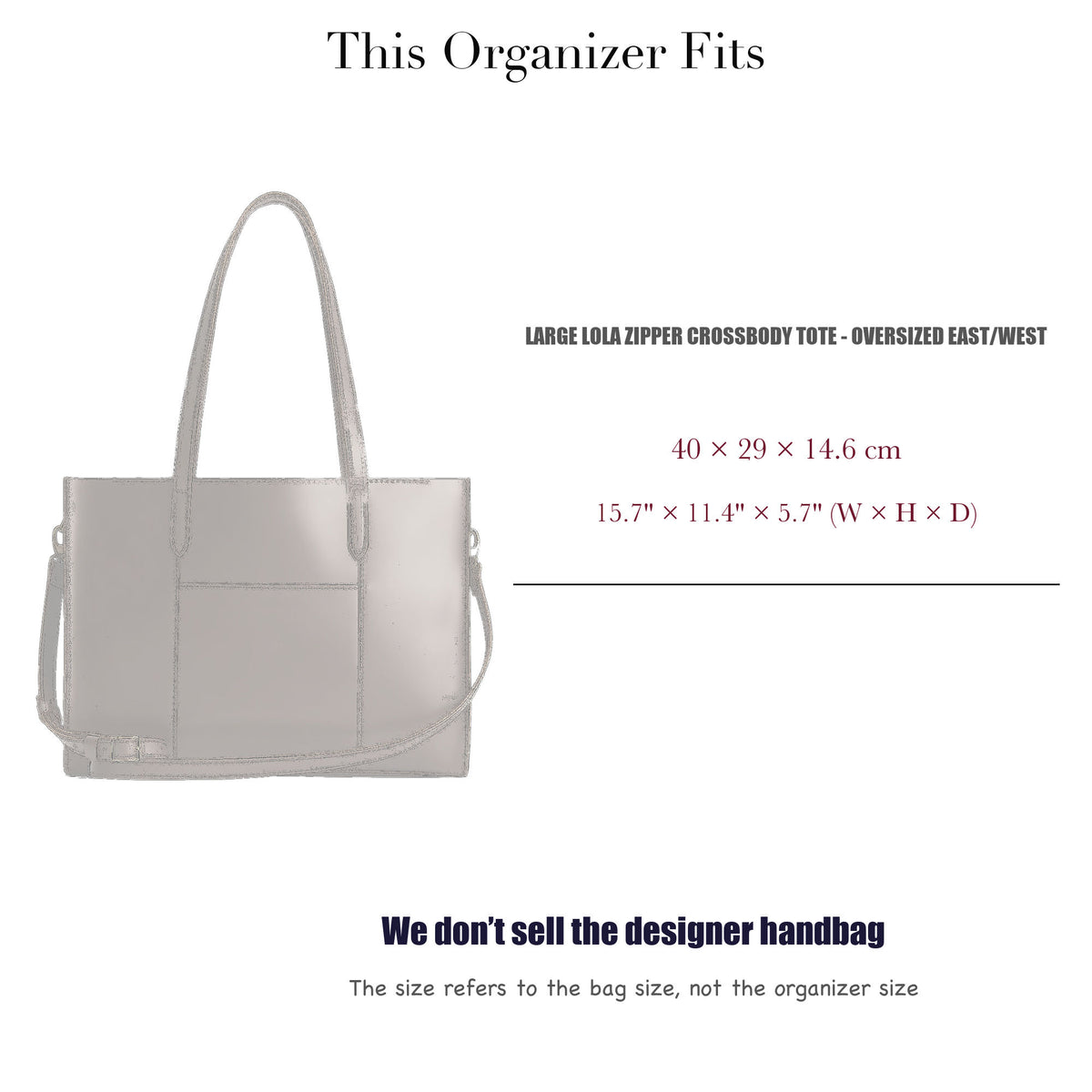Bag Insert for (Portland Leather Goods, Large Lola Zipper Crossbody Tote - Oversized East/West) Organizer of Felt Fabric
