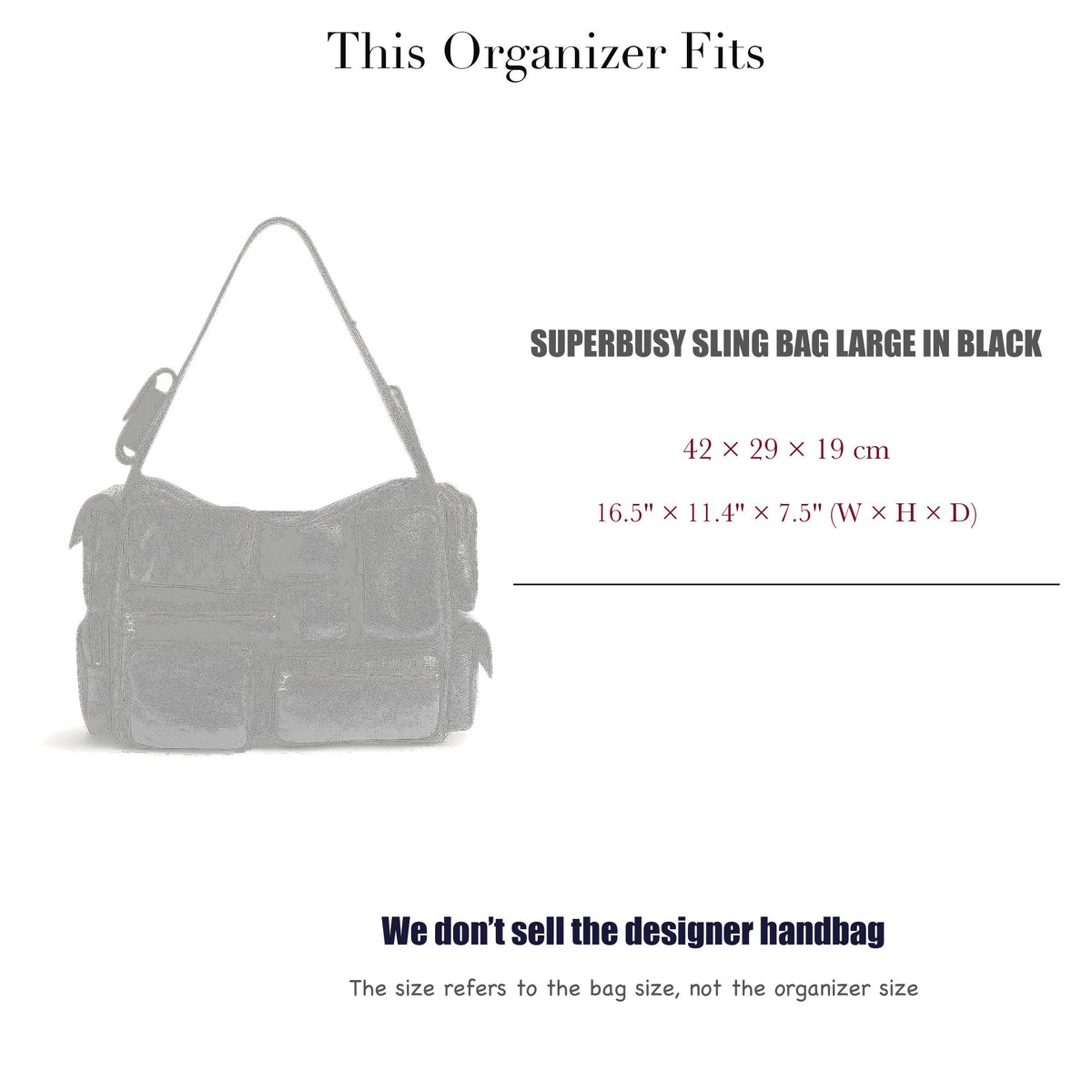Bag Insert for (Balenciaga, Superbusy Sling Bag Large in Black) Organizer of Felt Fabric