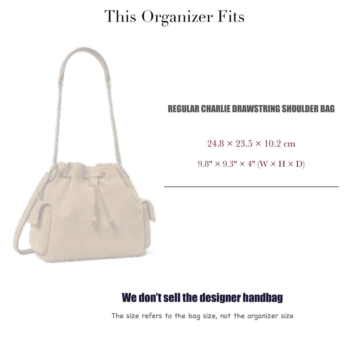 Bag Insert for (Tory Burch, Regular Charlie Drawstring Shoulder Bag) Organizer of Silk Fabric