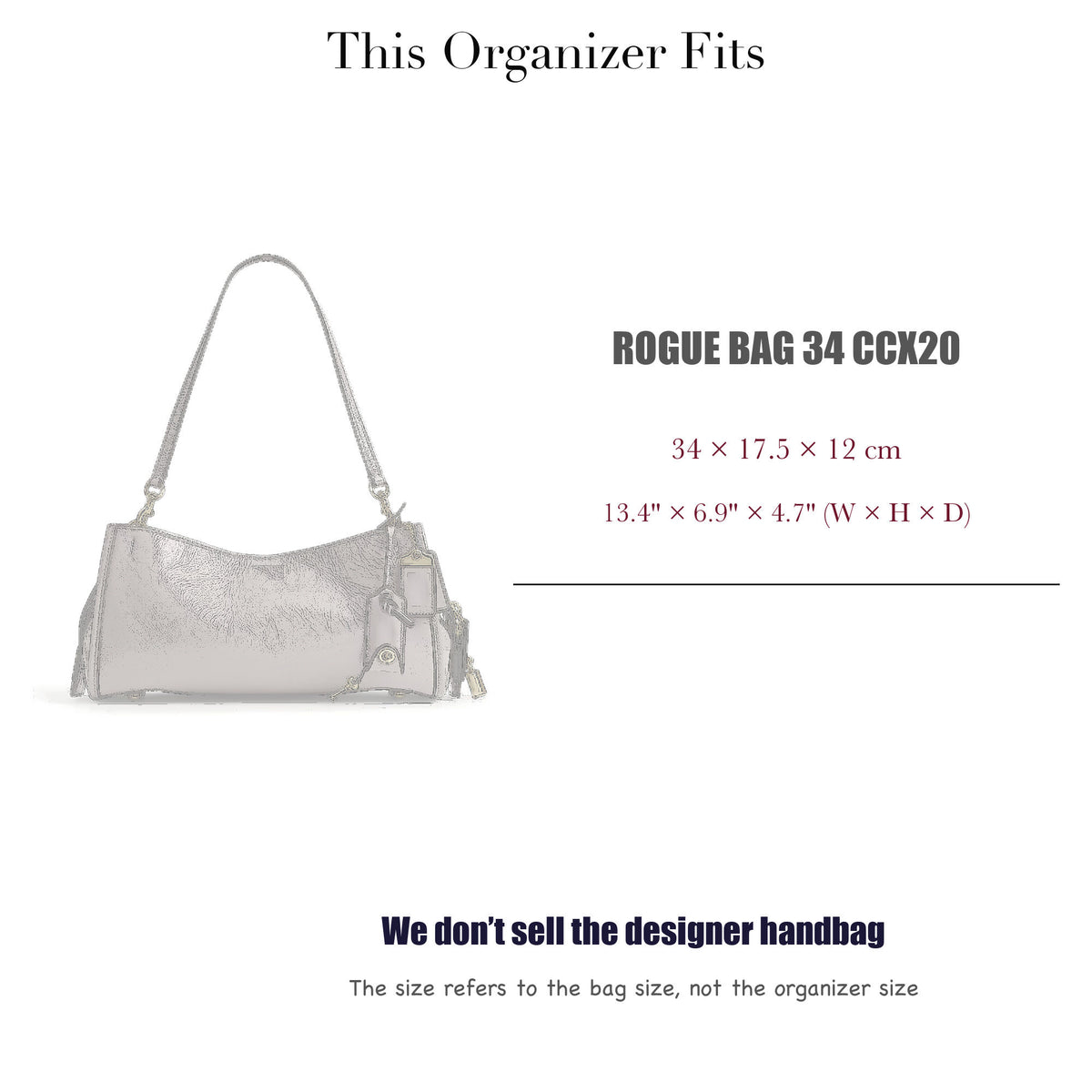 Bag Insert for (Coach, ROGUE BAG 34 CCX20) Organizer of Silk Fabric