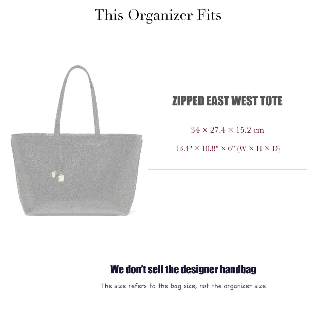 Bag Insert for (Aspinal of London, Zipped East West Tote) Organizer of Felt Fabric
