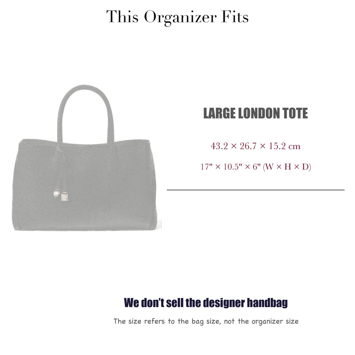 Bag Insert for (Aspinal of London, Large London Tote) Organizer of Felt Fabric