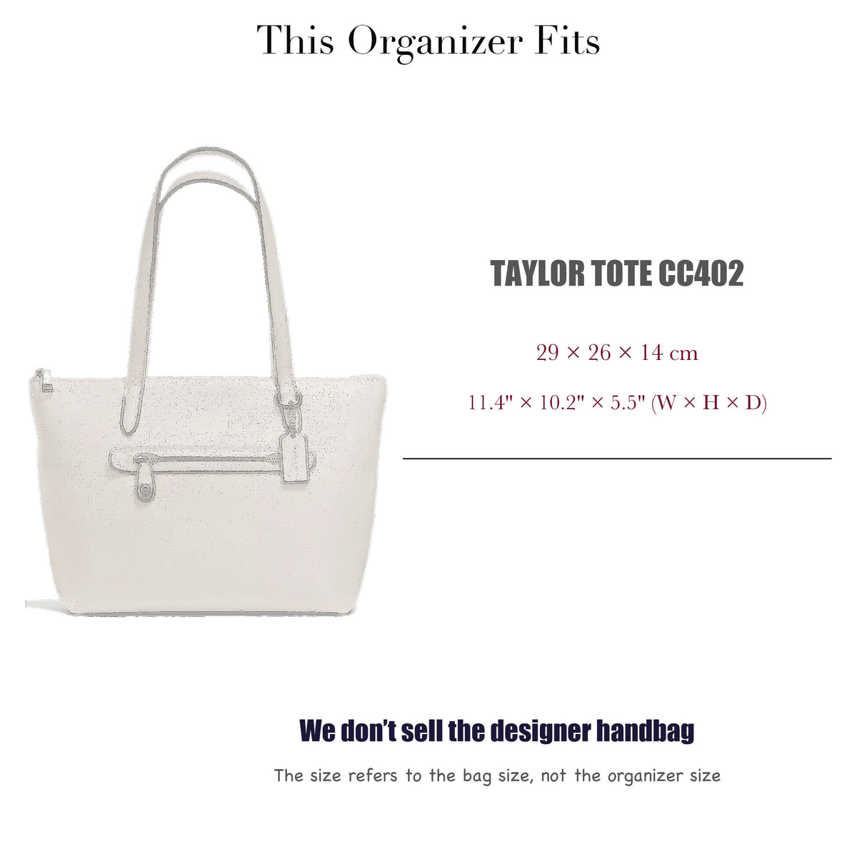 Bag Insert for (Coach, Taylor Tote CC402) Organizer of Felt Fabric