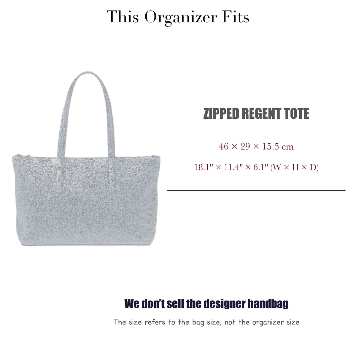 Bag Insert for (Aspinal of London, Zipped Regent Tote) Organizer of Silk Fabric