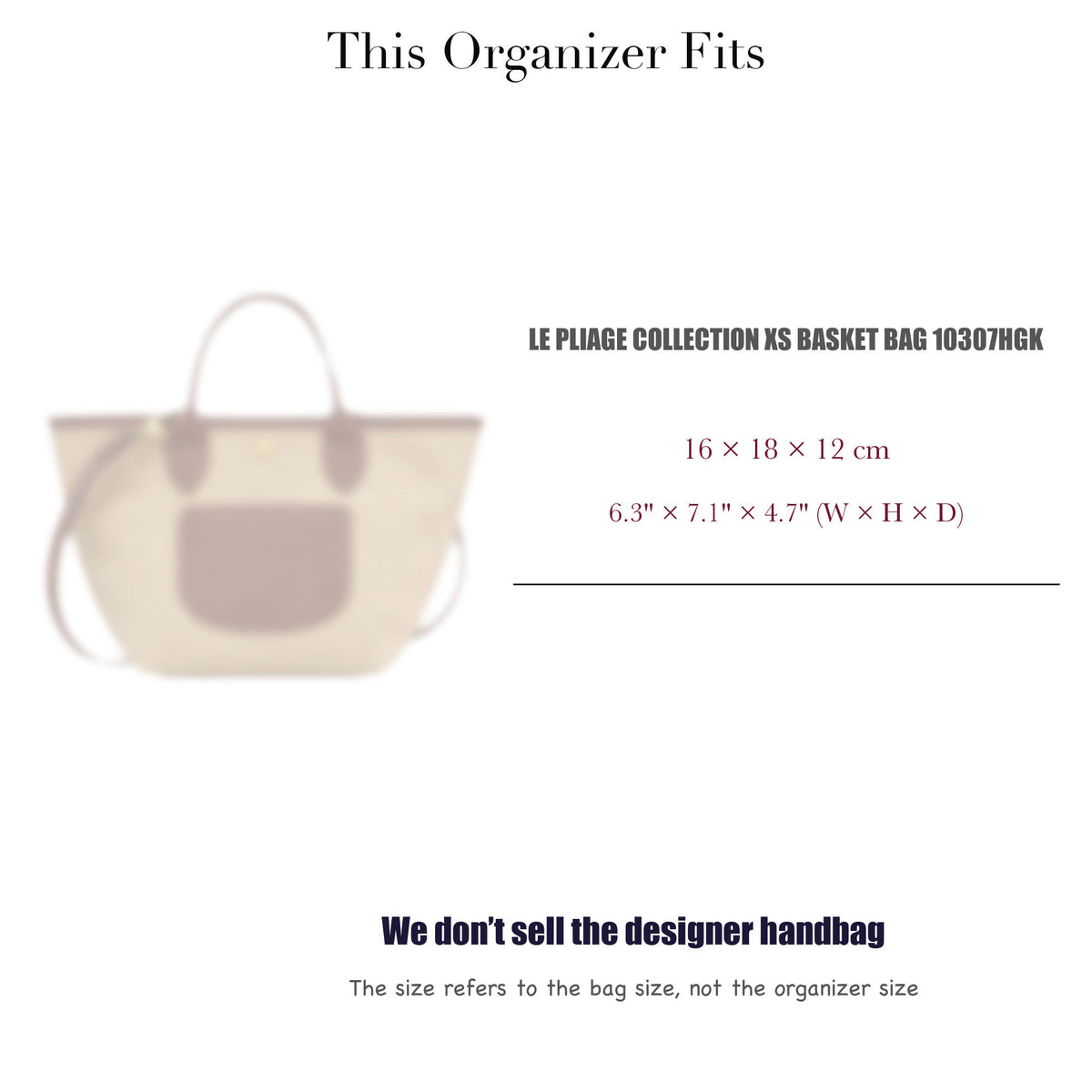 Bag Insert for (Longchamp, Le Pliage Collection XS Basket Bag 10307HGK) Organizer of Felt Fabric
