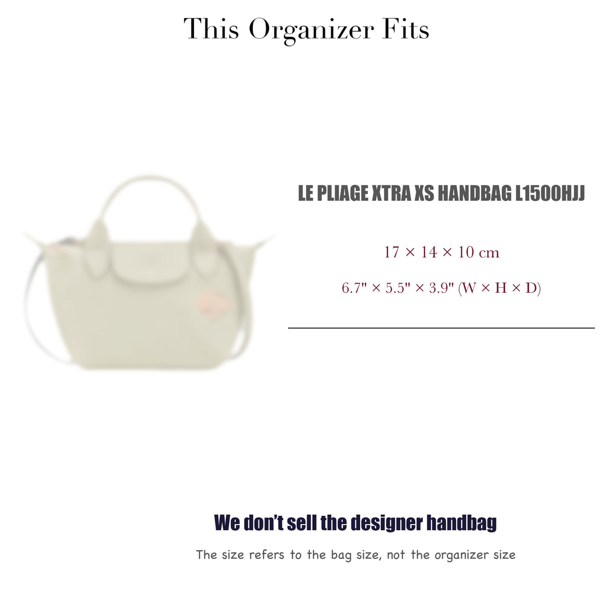 Bag Insert for (Longchamp, Le Pliage Xtra XS Handbag L1500HJJ) Organizer of Felt Fabric