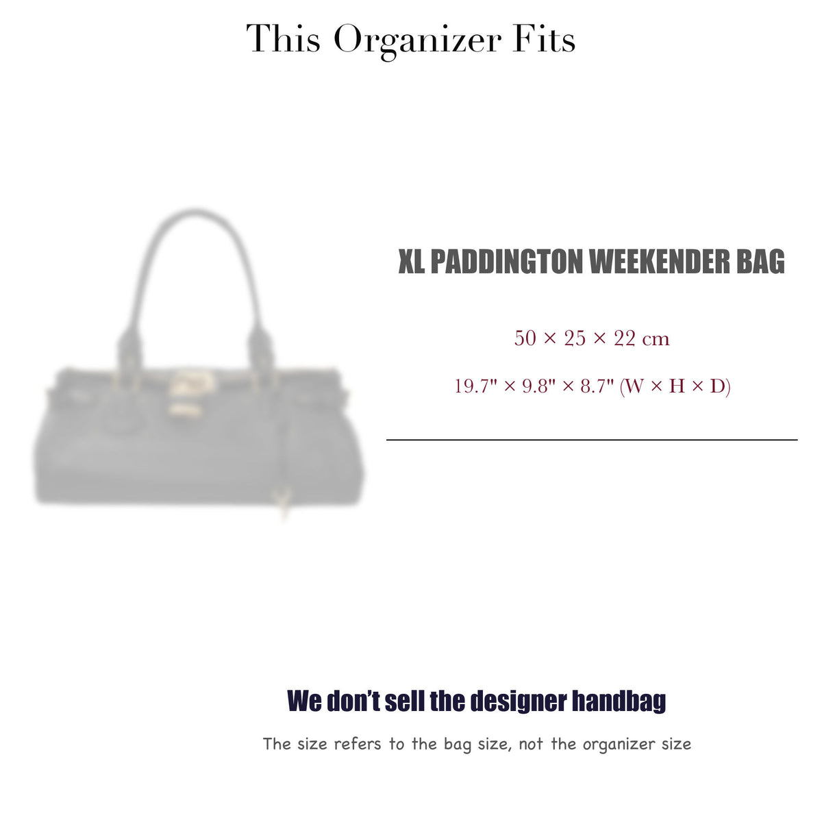 Bag Insert for (Chloe, XL Paddington Weekender Bag) Organizer of Felt Fabric