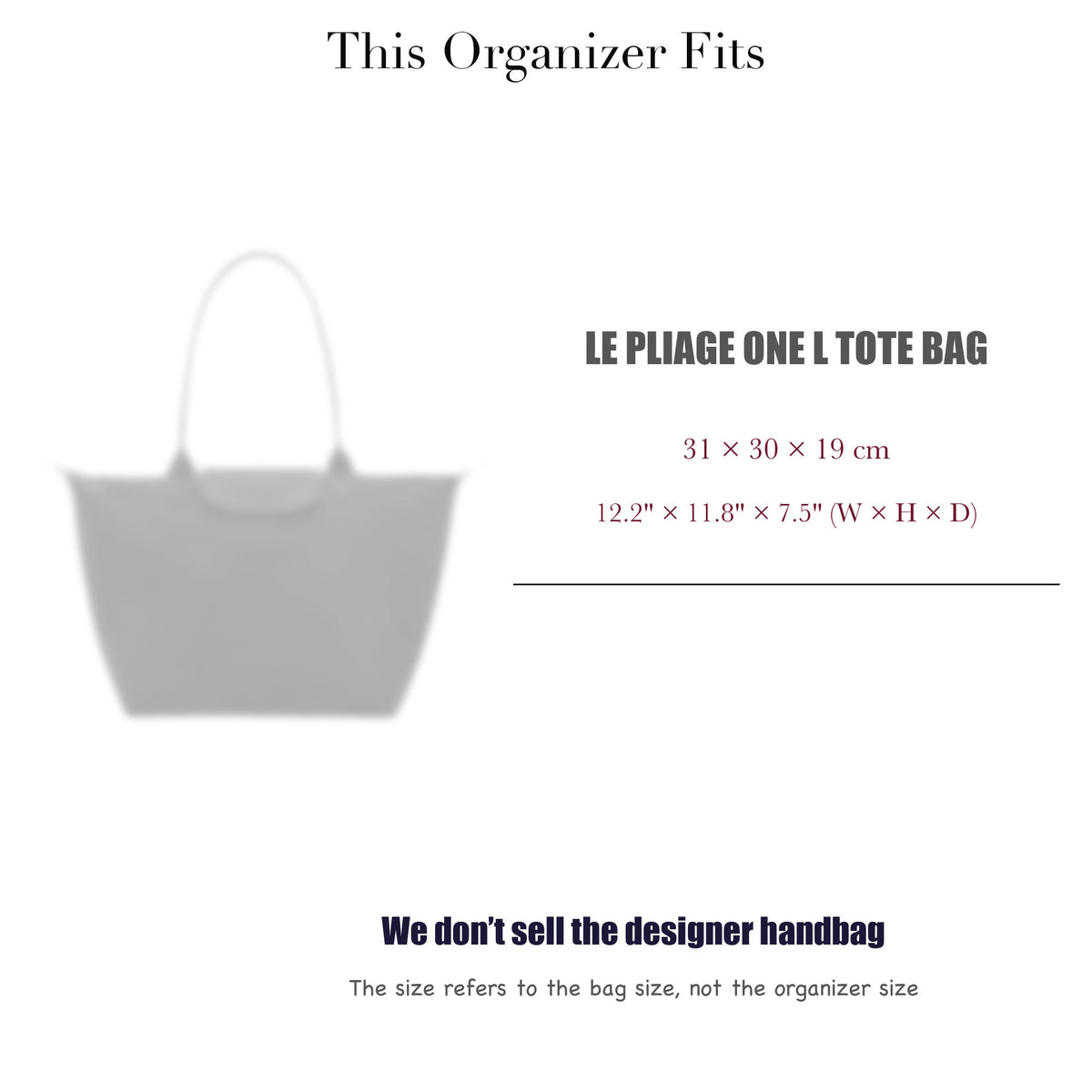 Bag Insert for (Longchamp, Le Pliage One L Tote bag) Organizer of Nylon Fabric