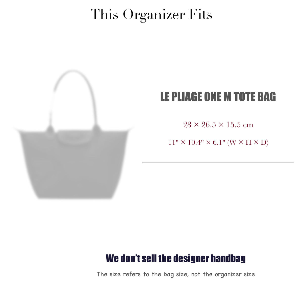 Bag Insert for (Longchamp, Le Pliage One M Tote bag) Organizer of Felt Fabric