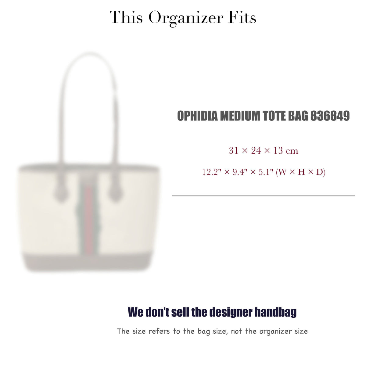 Bag Insert for (Gucci, Ophidia Medium Tote Bag 836849) Organizer of Nylon Fabric