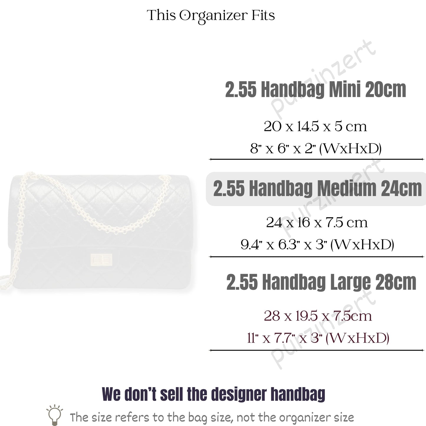 Bag Insert for (Chanel, 2.55 Handbag Medium 24cm) Organizer of Felt Fabric