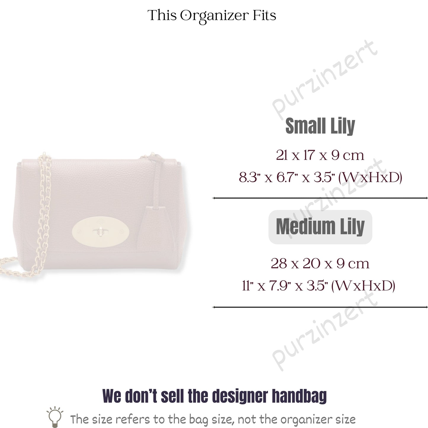 Bag Insert for (Mulberry, Medium Lily) Organizer of Felt Fabric