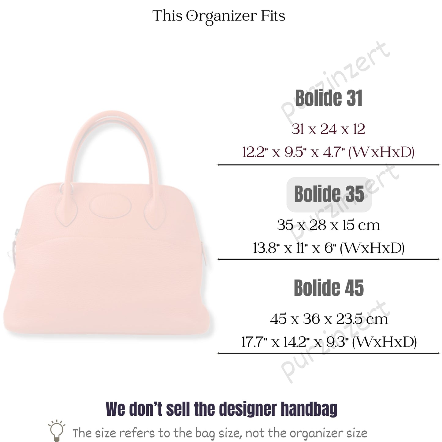 Bag Insert for (Hermes, Bolide 35) Organizer of Felt Fabric