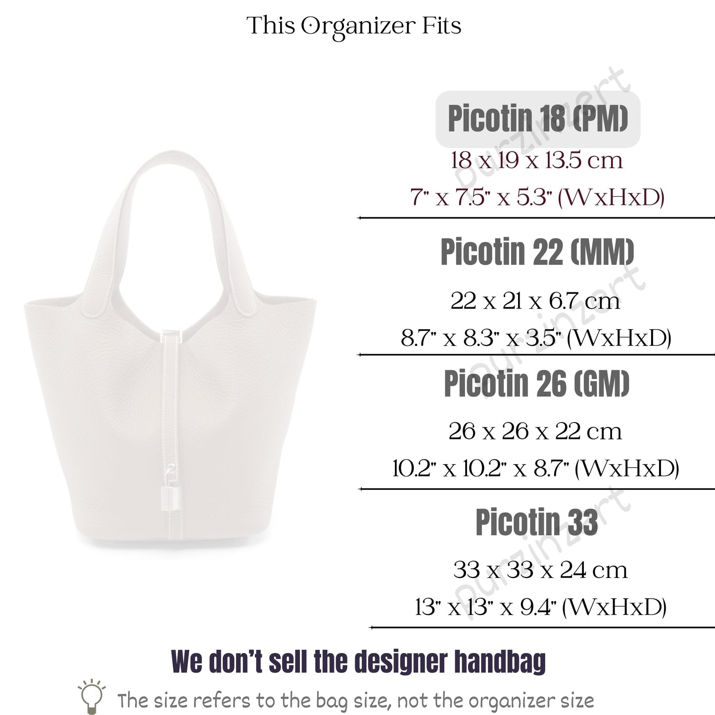 Bag Insert for (Hermes, Picotin 18 (PM)) Organizer of Nylon Fabric