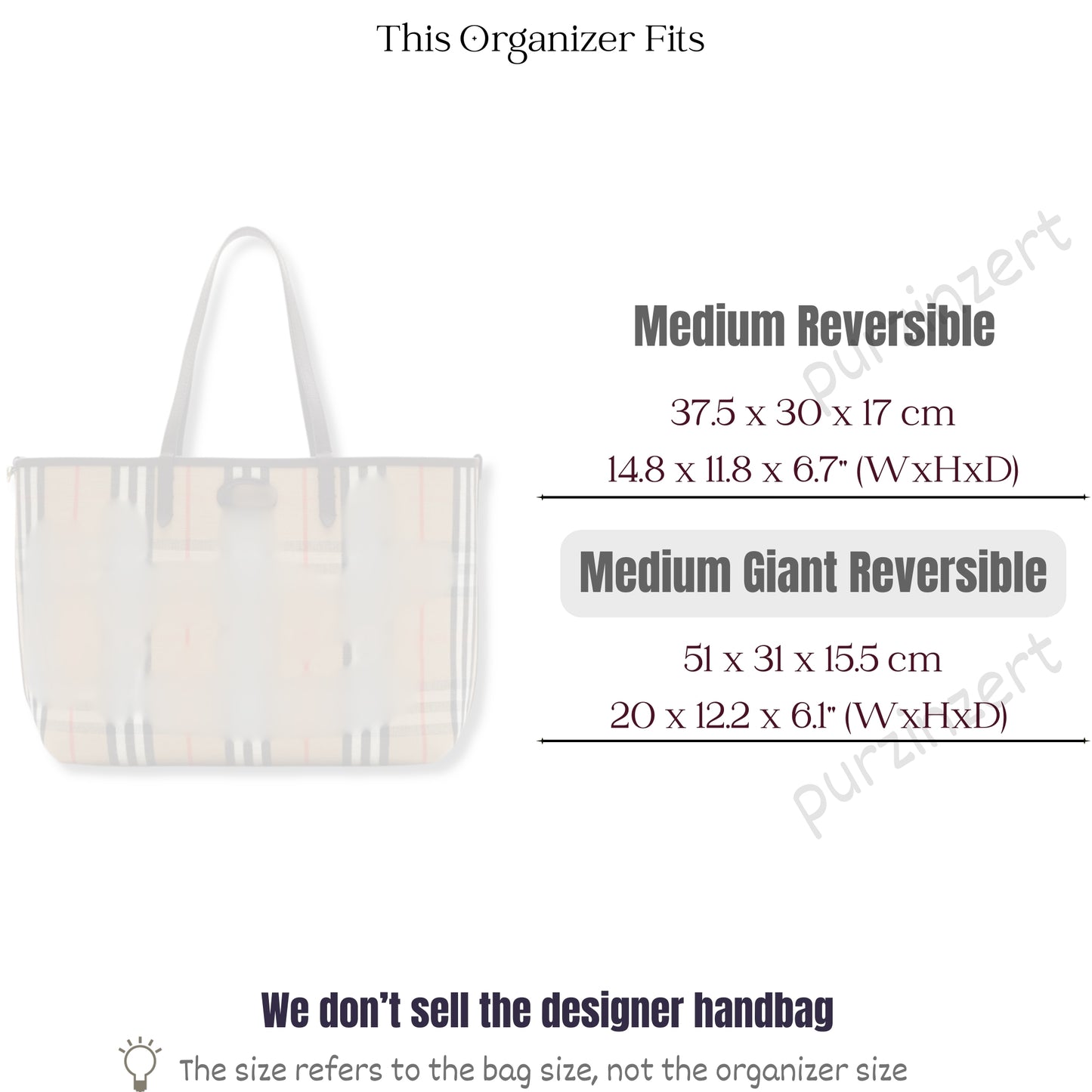 Bag Insert for (Burberry, Medium Giant Reversible) Organizer of Felt Fabric