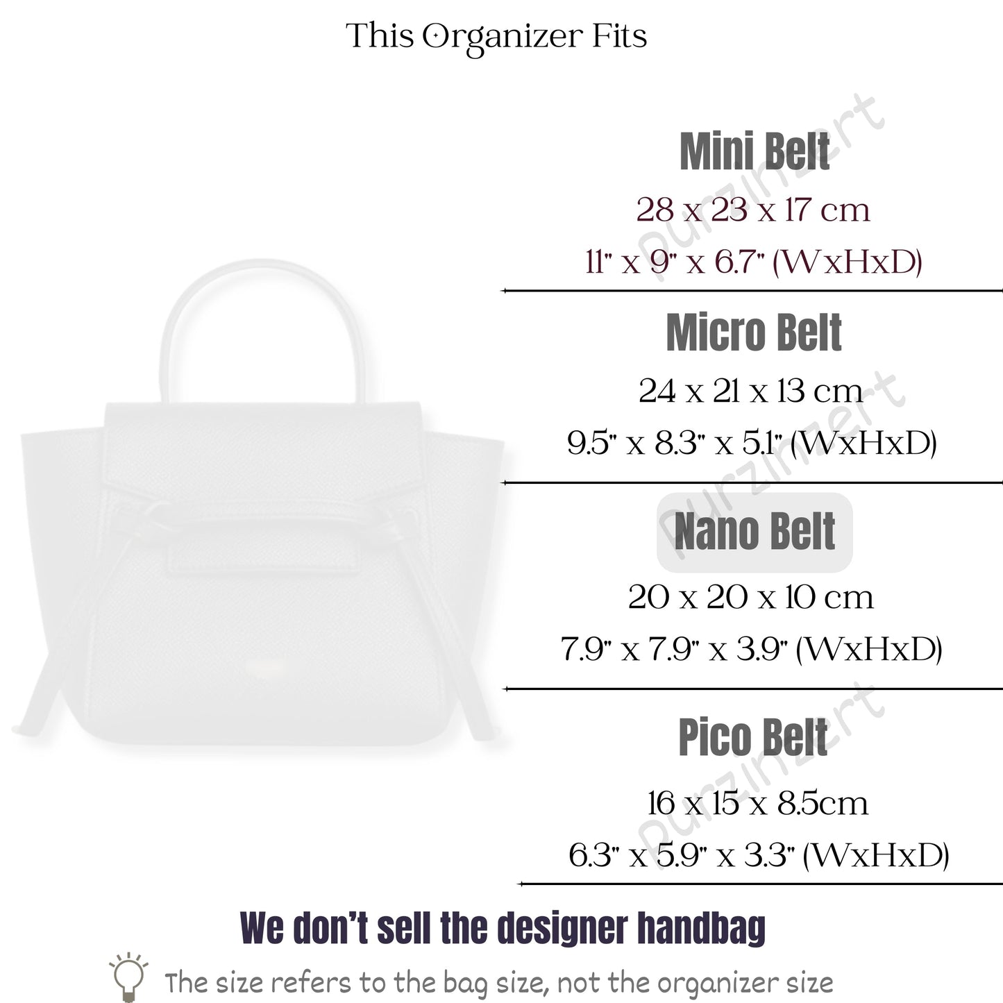 Bag Insert for (Celine, Nano Belt) Organizer of Felt Fabric