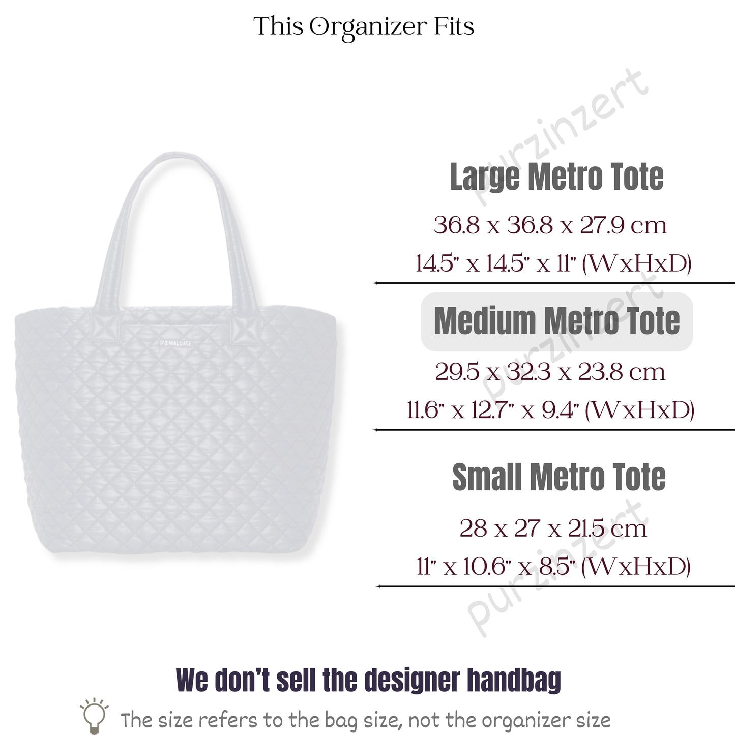 Bag Insert for (MZ Wallace, Medium Metro Tote) Organizer of Felt Fabric