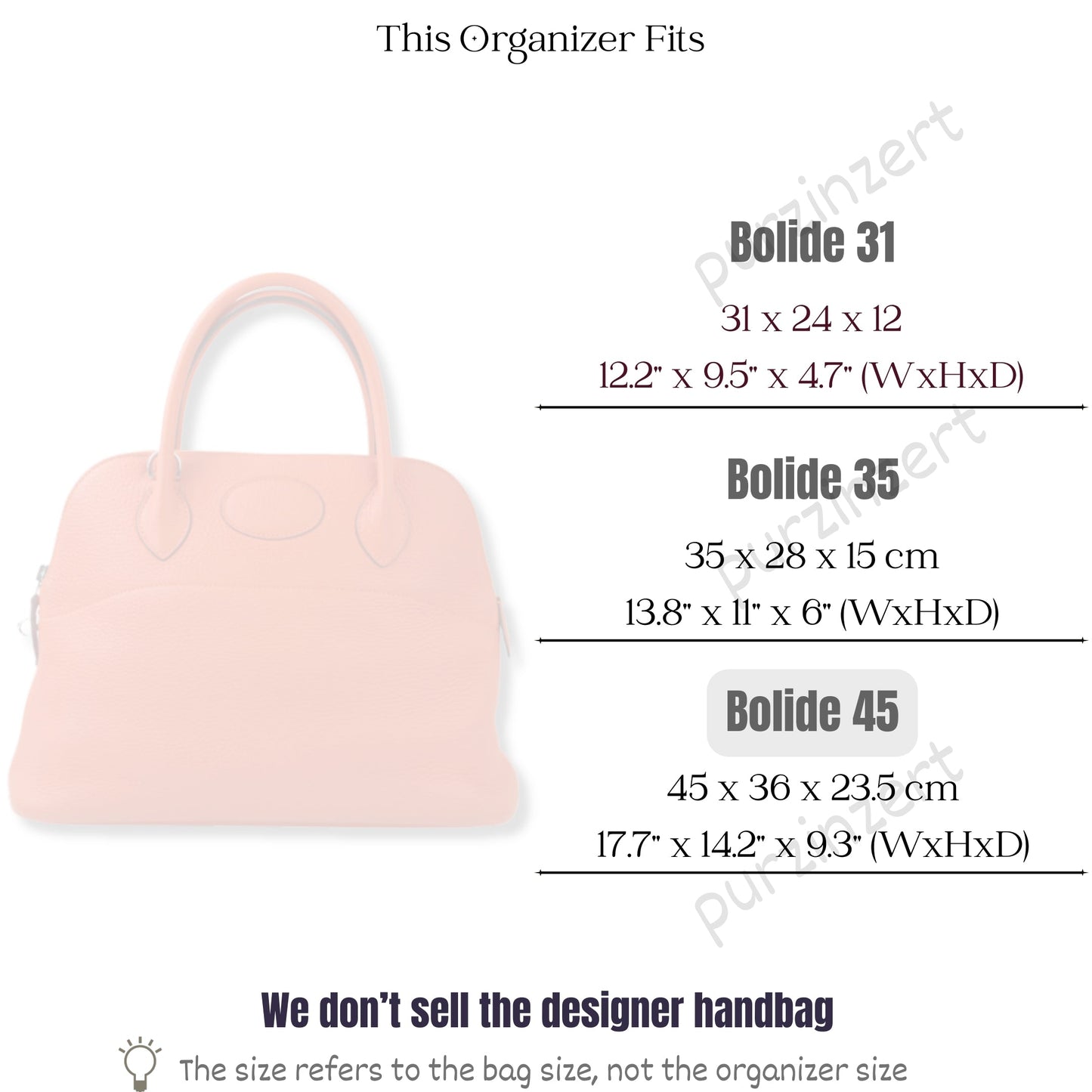 Bag Insert for (Hermes, Bolide 45) Organizer of Felt Fabric