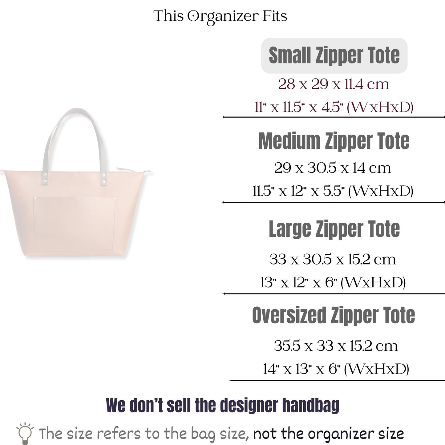 Bag Insert for (Portland Leather Goods, Zipper Tote Small) Organizer of Felt Fabric
