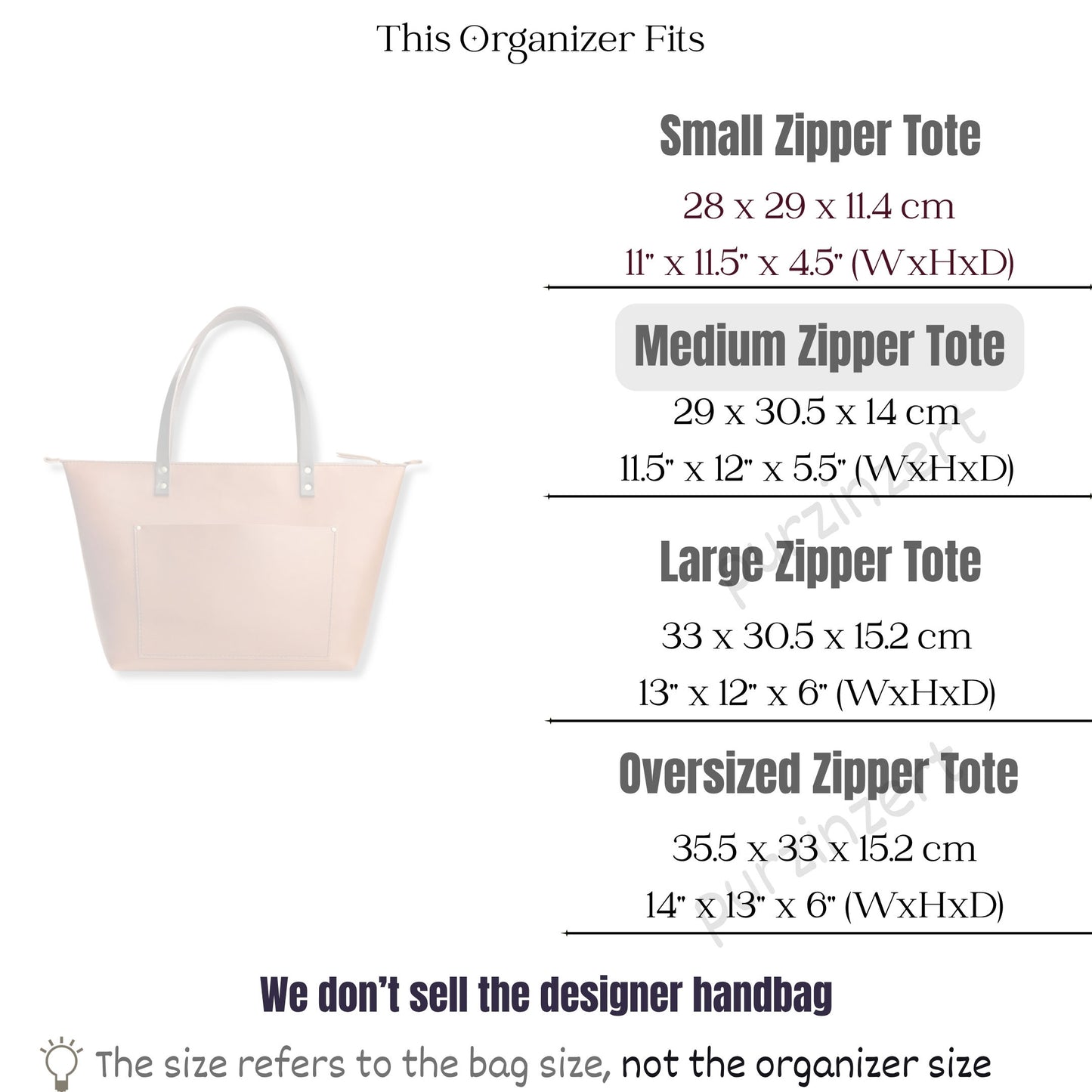 Bag Insert for (Portland Leather Goods, Zipper Tote Medium) Organizer of Nylon Fabric