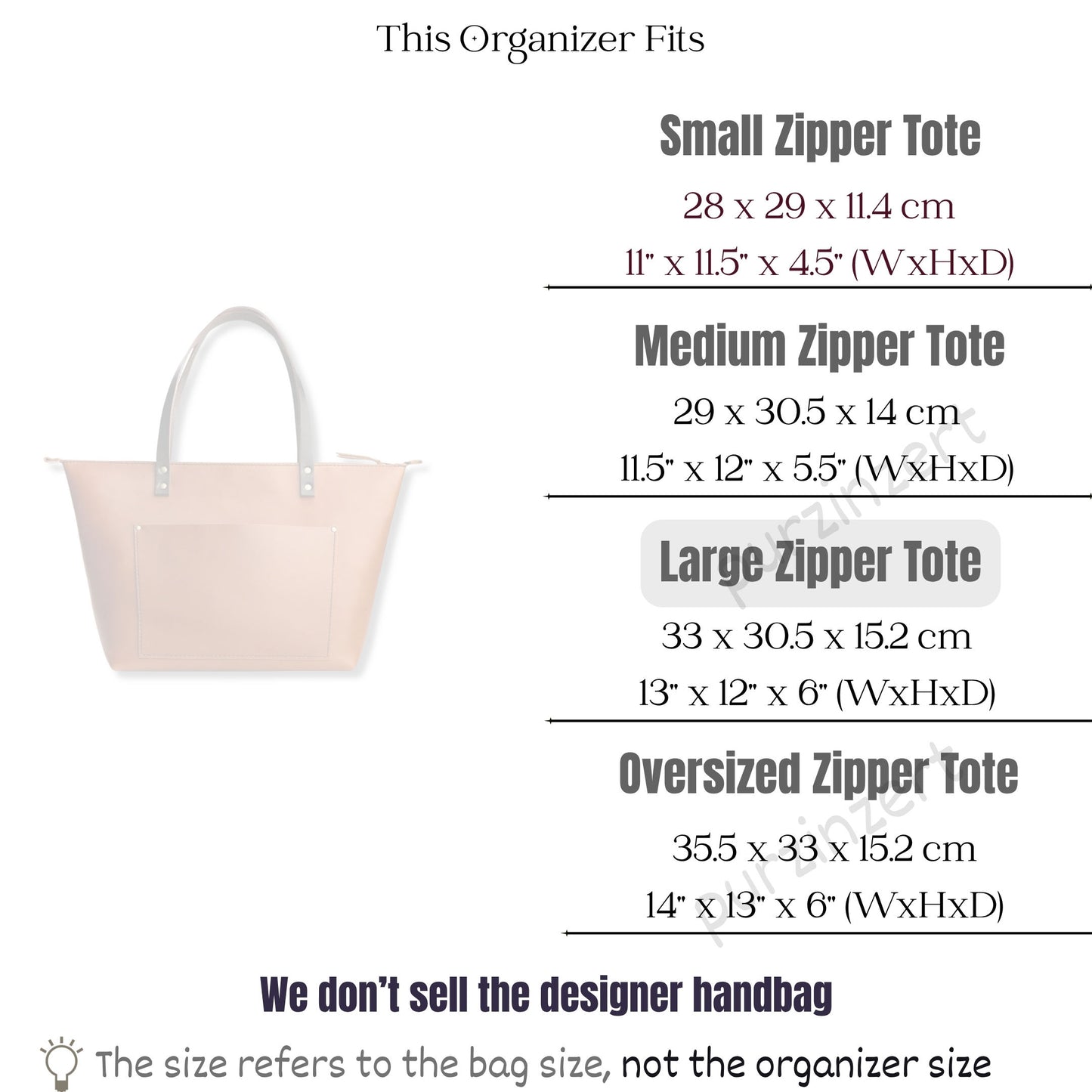 Bag Insert for (Portland Leather Goods, Zipper Tote Large) Organizer of Nylon Fabric