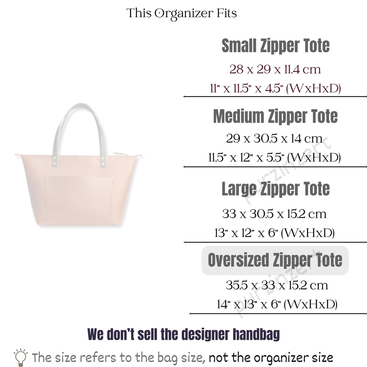Bag Insert for (Portland Leather Goods, Zipper Tote Oversized) Organizer of Felt Fabric