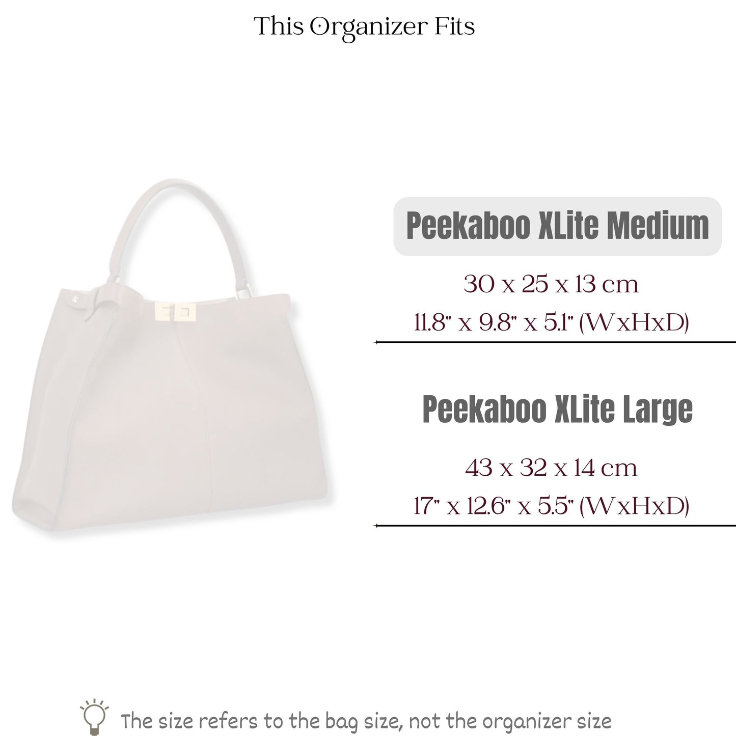 Bag Insert for (Fendi, Peekaboo X-Lite Medium) Organizer of Felt Fabric