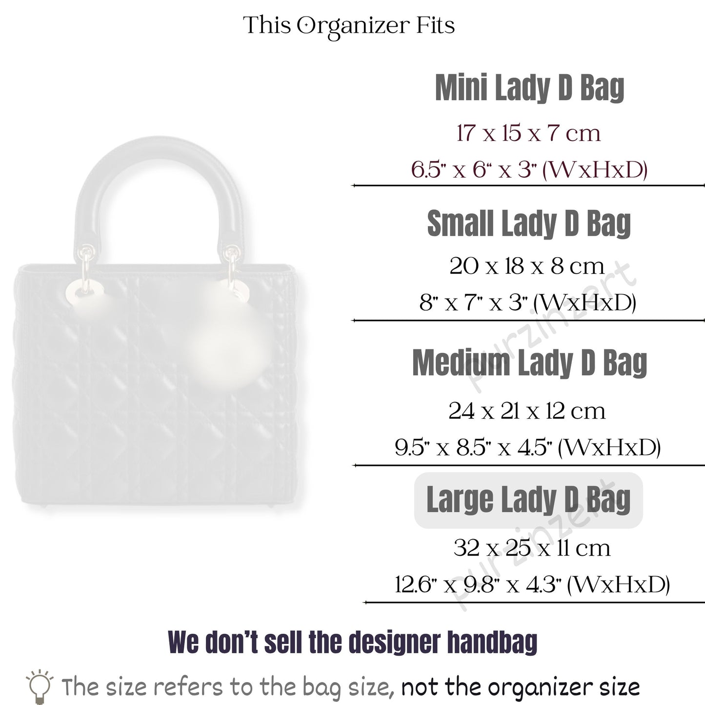 Bag Insert for (Dior, Lady Dior Large) Organizer of Felt Fabric