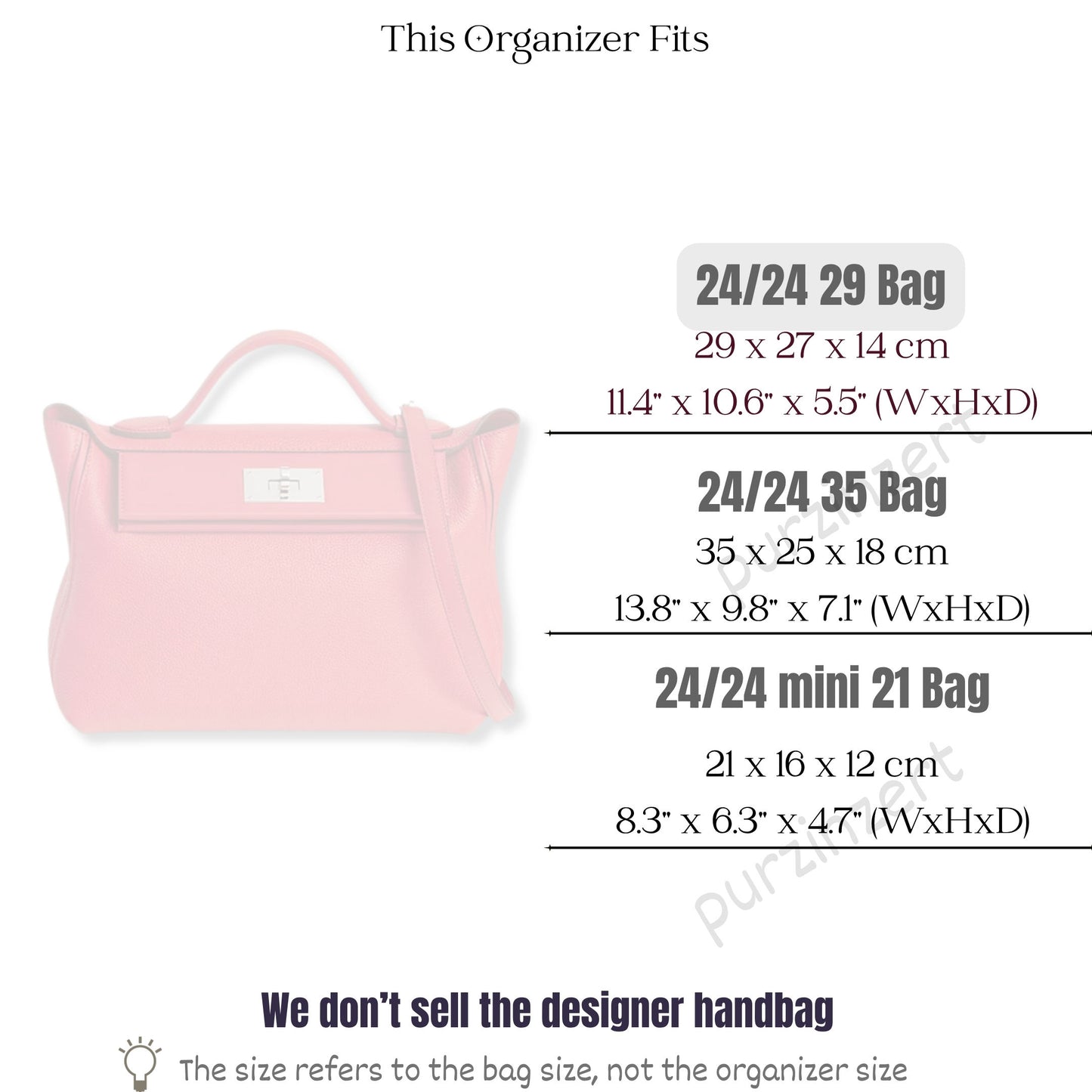 Bag Insert for (Hermes, 24/24 29 Bag) Organizer of Felt Fabric