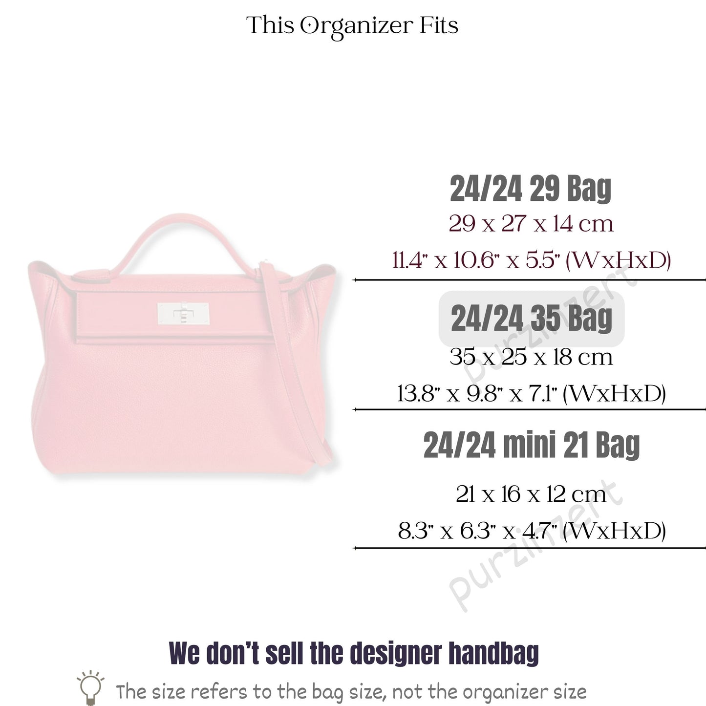 Bag Insert for (Hermes, 24/24 35 Bag) Organizer of Felt Fabric