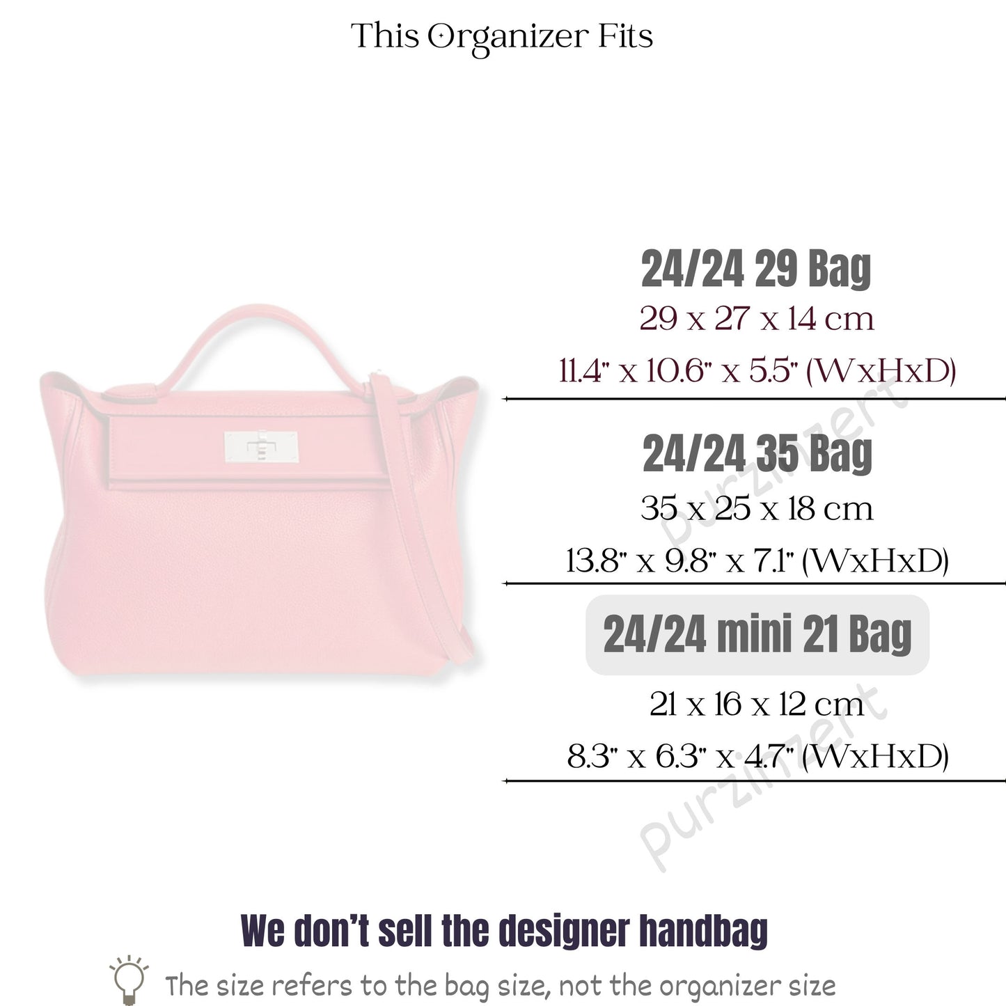 Bag Insert for (Hermes, 24/24 Mini 21 Bag) Organizer of Felt Fabric