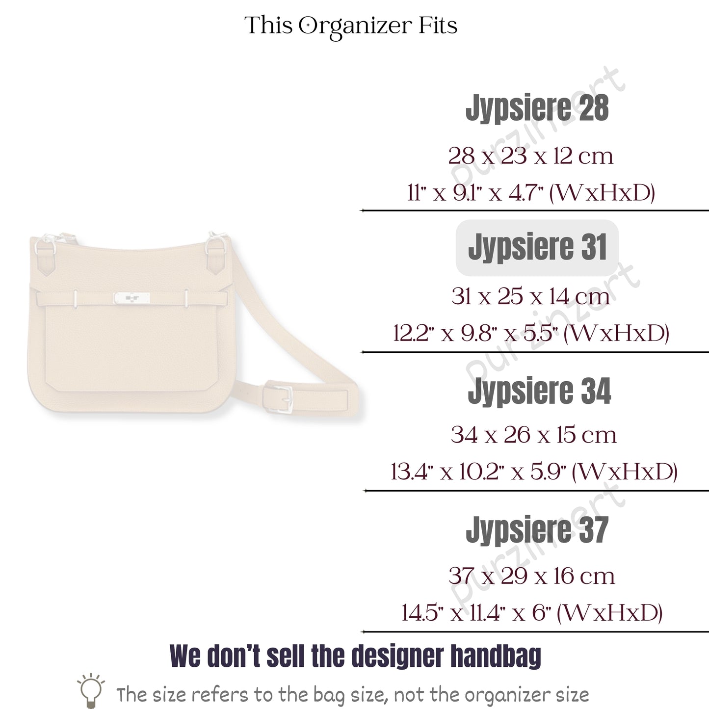 Bag Insert for (Hermes, Jypsiere 31) Organizer of Felt Fabric