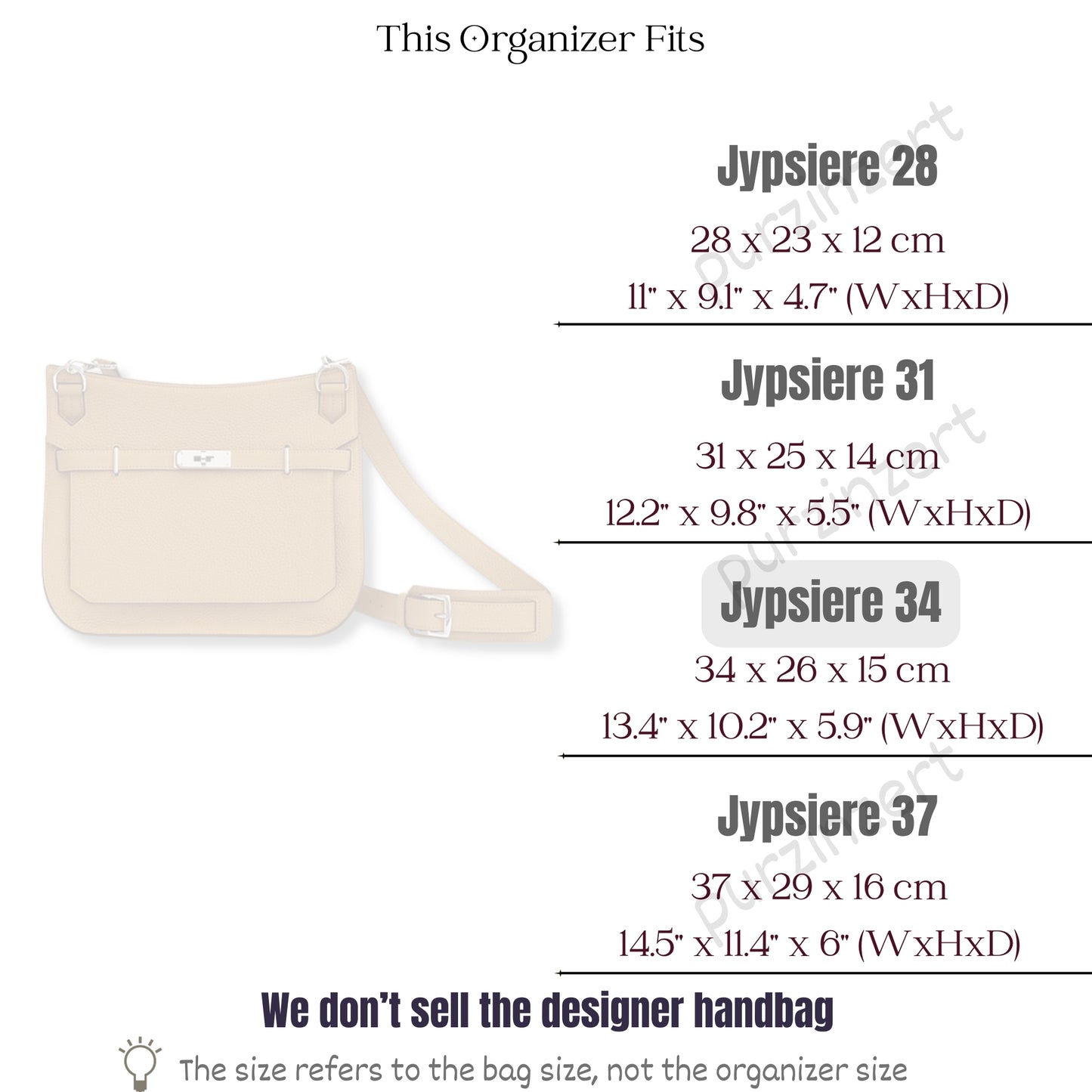 Bag Insert for (Hermes, Jypsiere 34) Organizer of Felt Fabric