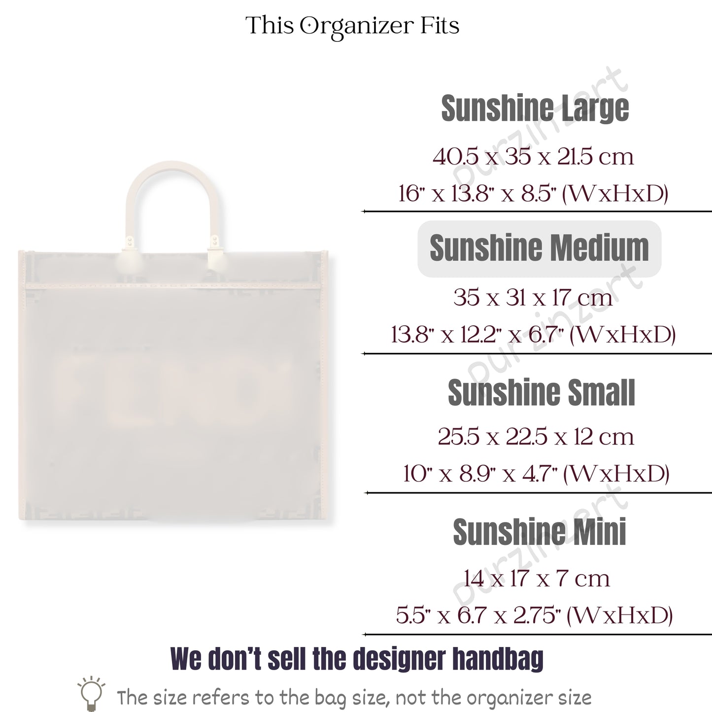 Bag Insert for (Fendi, Sunshine Medium) Organizer of Felt Fabric