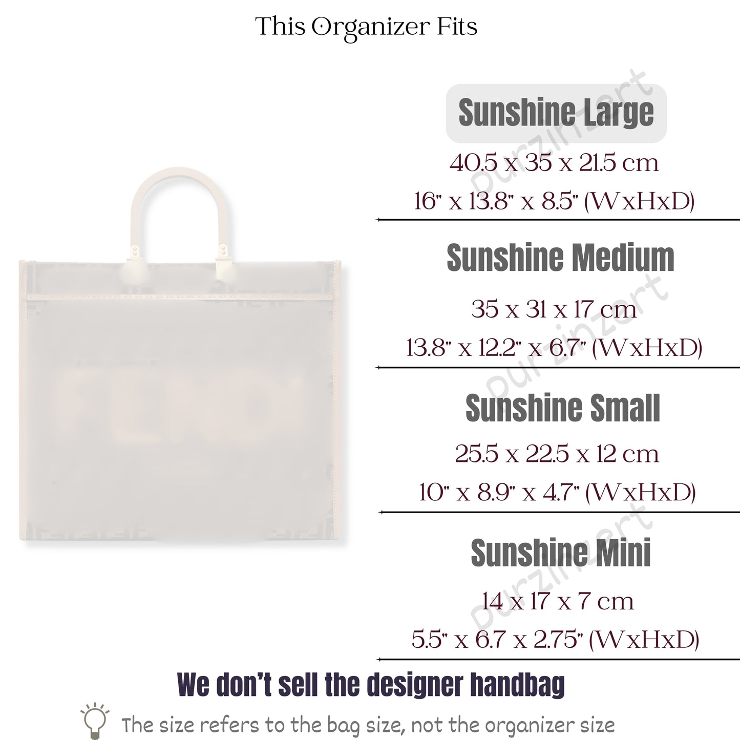 Bag Insert for (Fendi, Sunshine Large) Organizer of Silk Fabric