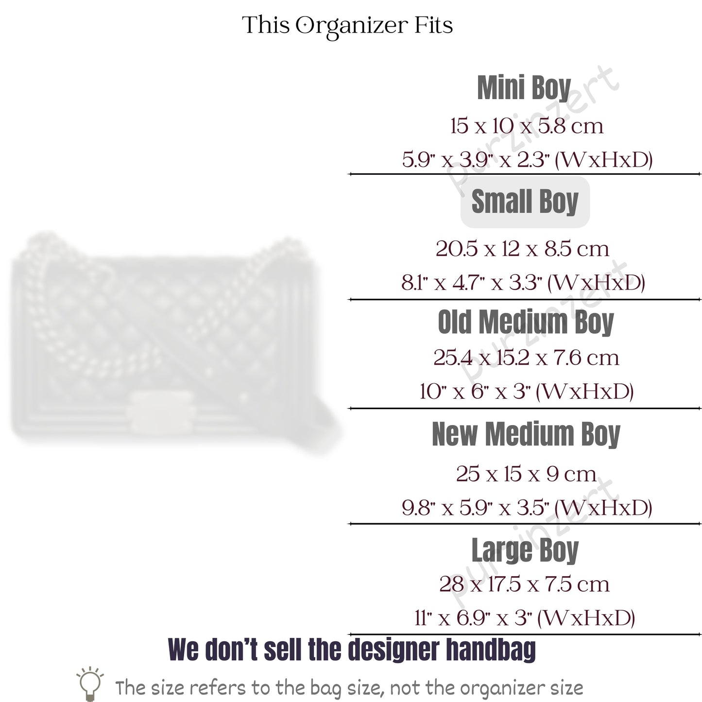 Bag Insert for (Chanel, Boy Chanel Small) Organizer of Silk Fabric