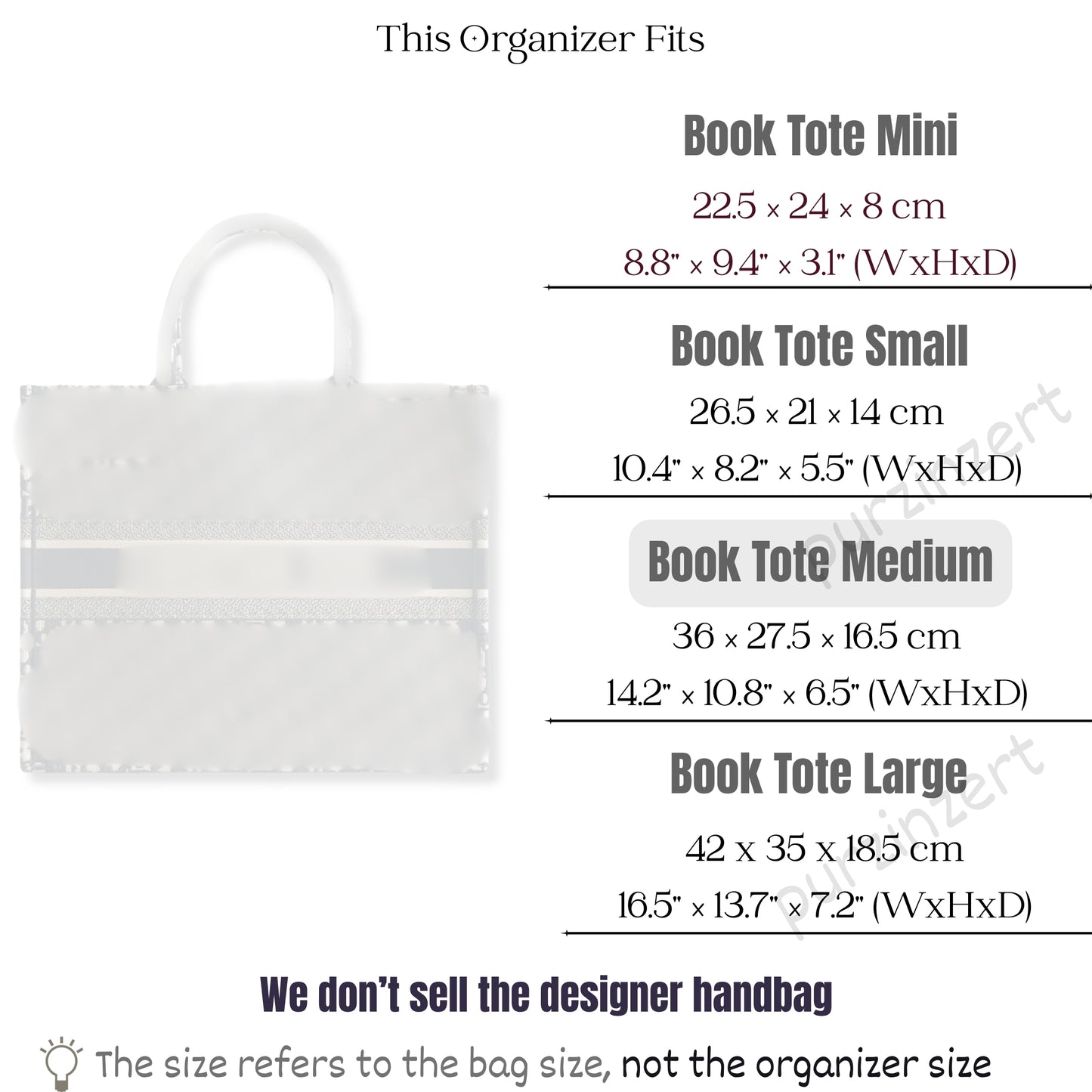 Bag Insert for (Dior, Book Tote Medium) Organizer of Felt Fabric