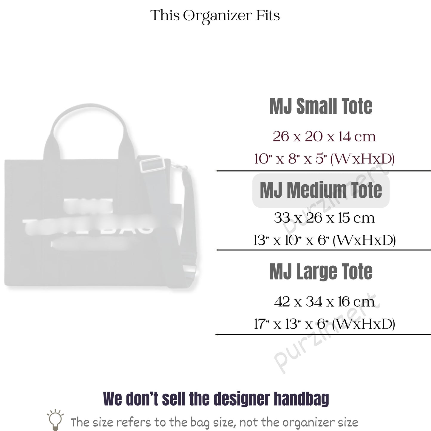 Bag Insert for (Marc Jacobs, Medium Tote) Organizer of Felt Fabric