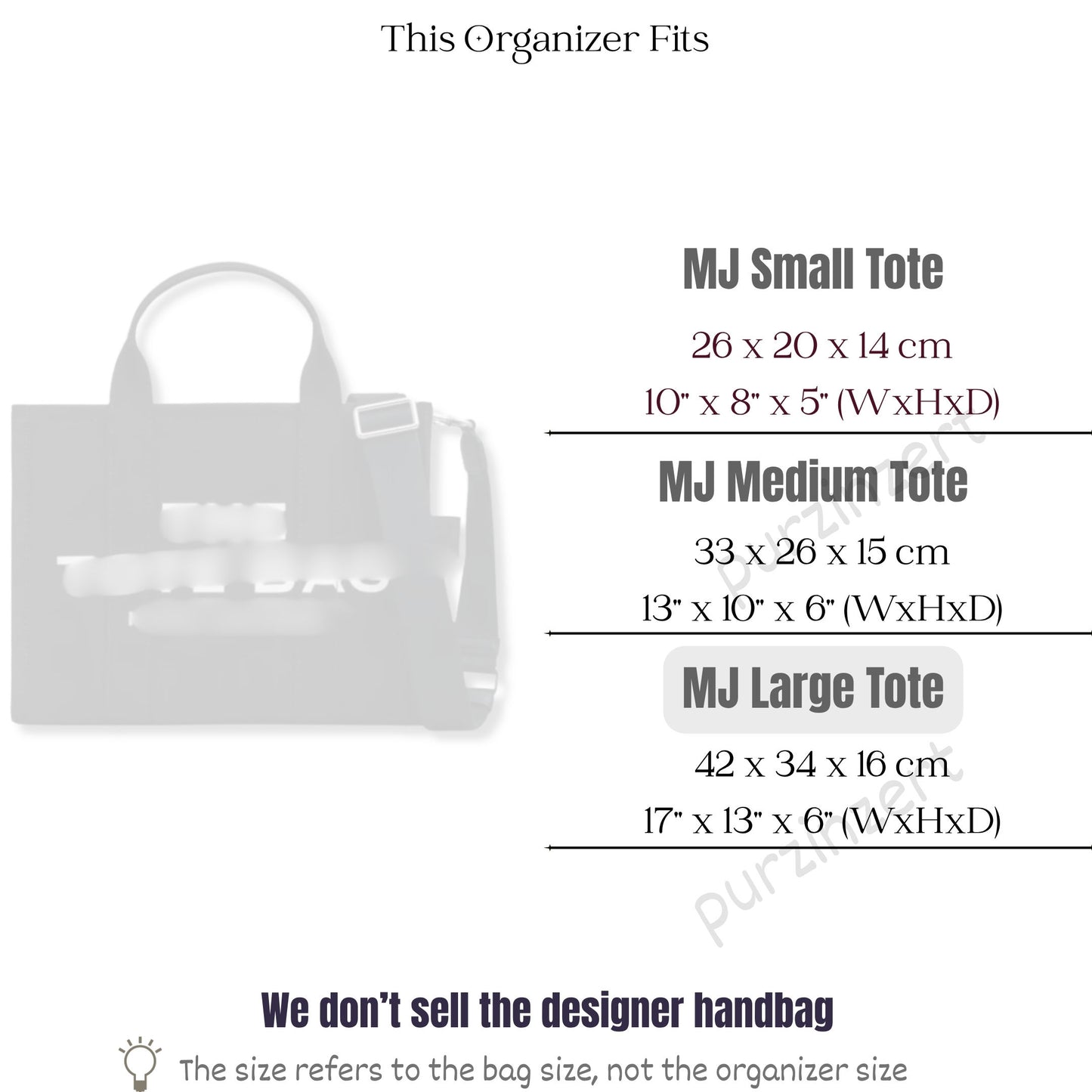Bag Insert for (Marc Jacobs, Large Tote) Organizer of Silk Fabric